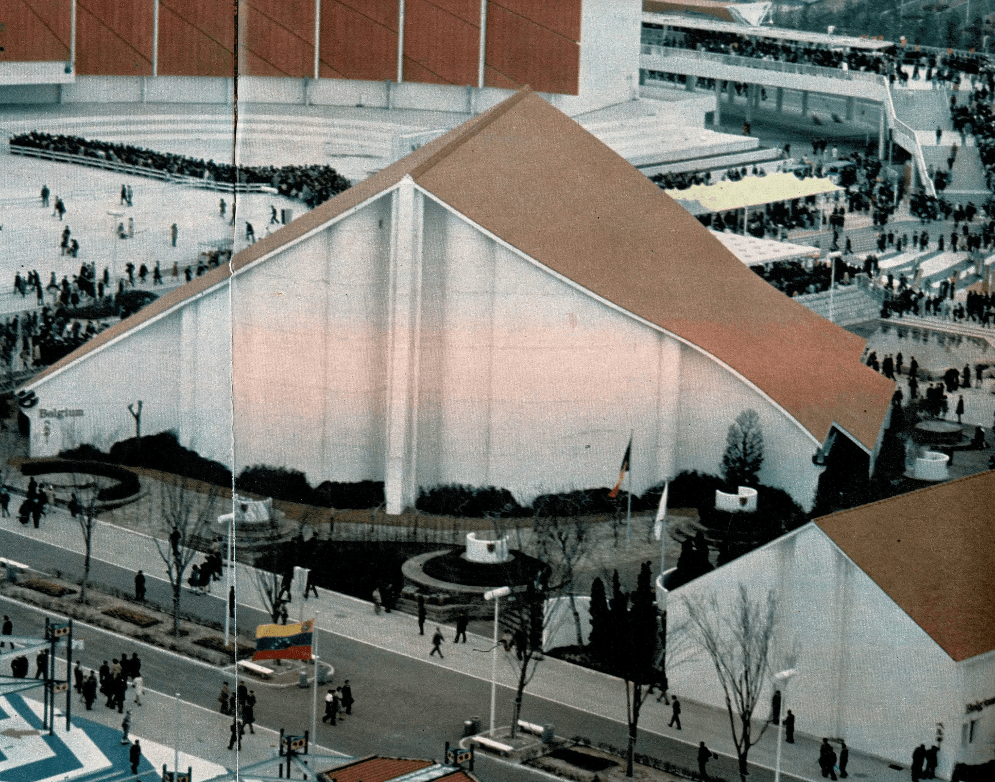 View of the Osaka 1970 expo Belgian pavilion with garden