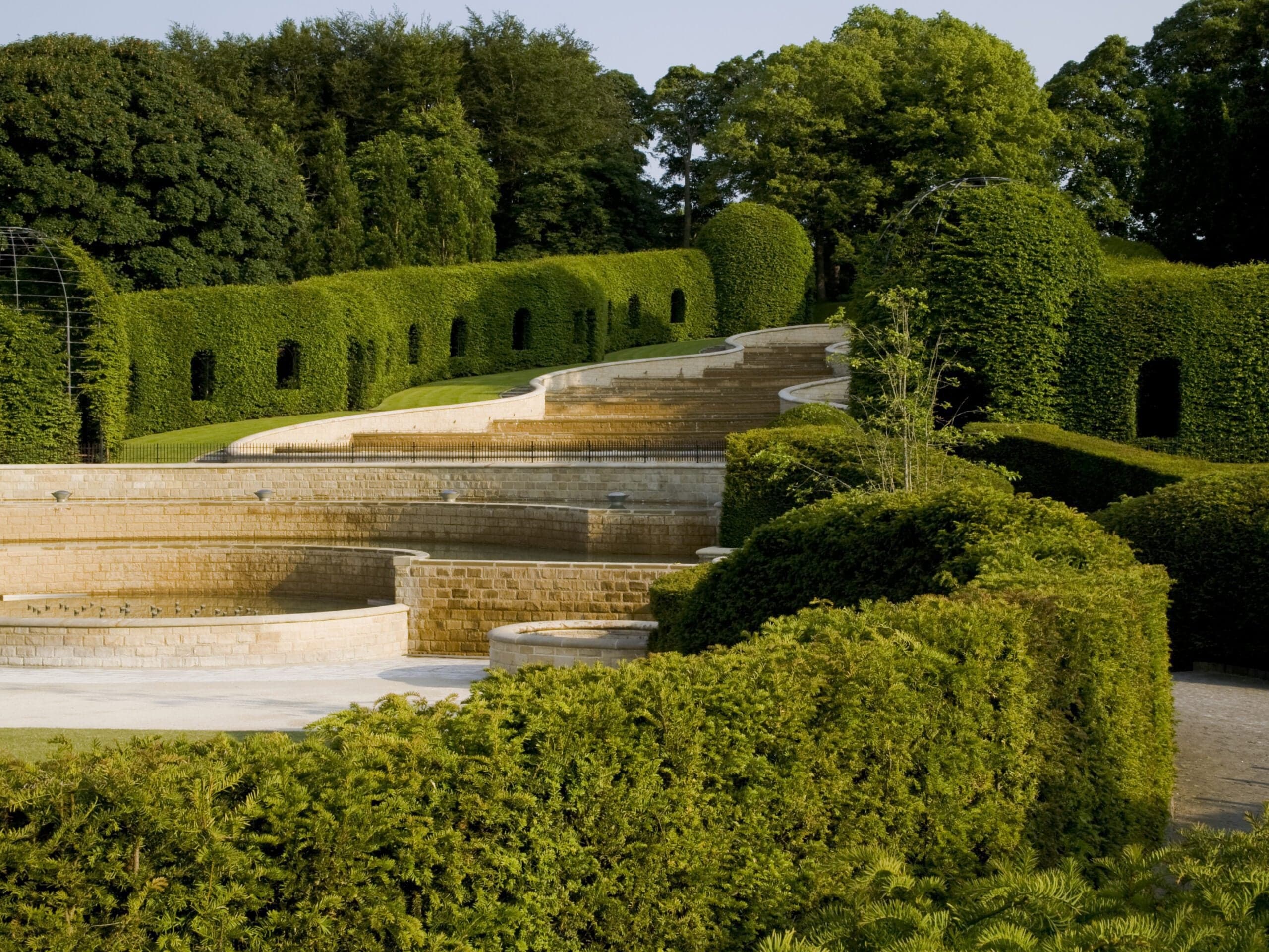 Alnwick Garden aerial view of rose garden and fountains